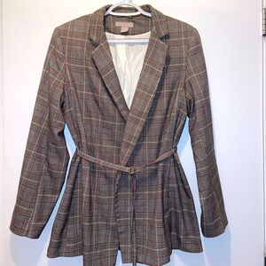 Office plaid blazer with a belt